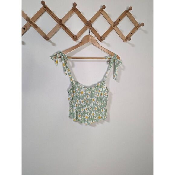 Elodie Tie Shoulder Smocked Waist Green Daisy Tank Top - Size Large - Picture 1 of 5